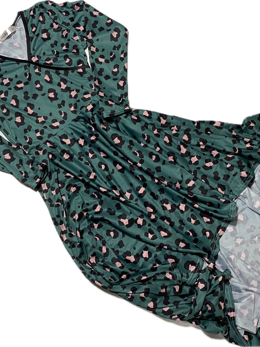 Women’s Green High-Low Dress with Pink & Black Leopard Print